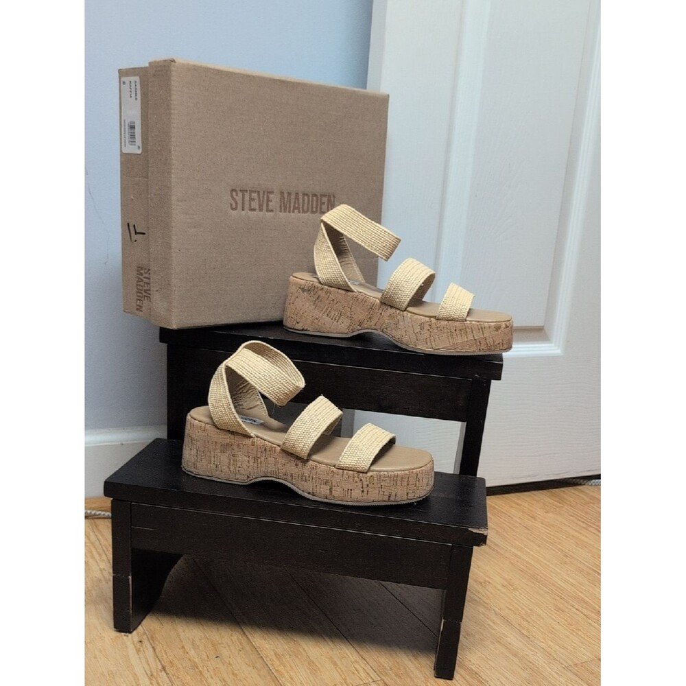 Steve Madden Sashes Raffia Natural Beige Cork Platform Sandals Size 8M NIB - Picture 1 of 5